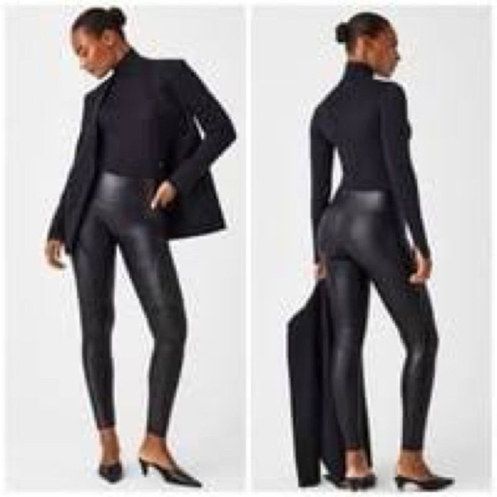 Spanx Women's Faux Leather  Leggings Large Black Power Waistband NWOT
